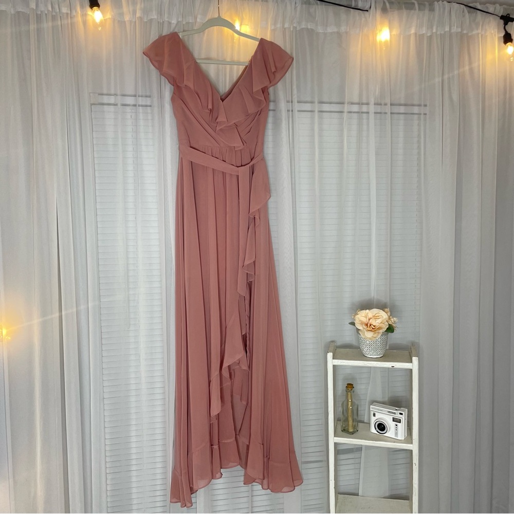 SHEIN | Medium Dusty Pink Solid Ruffle Trim Tie Front Asymmetrical Dress
